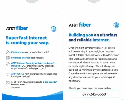 AT and T Doorhangers about Fiber Cable installation