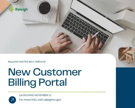 Woman with keyboard typing and headline new customer billing portal. 