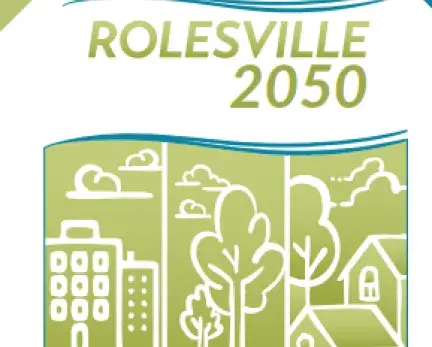 Light green and teal blue coloring that says Rolesville 2050.
