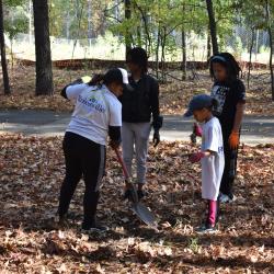 One adult and three children assisting with digging and planting a new plant.