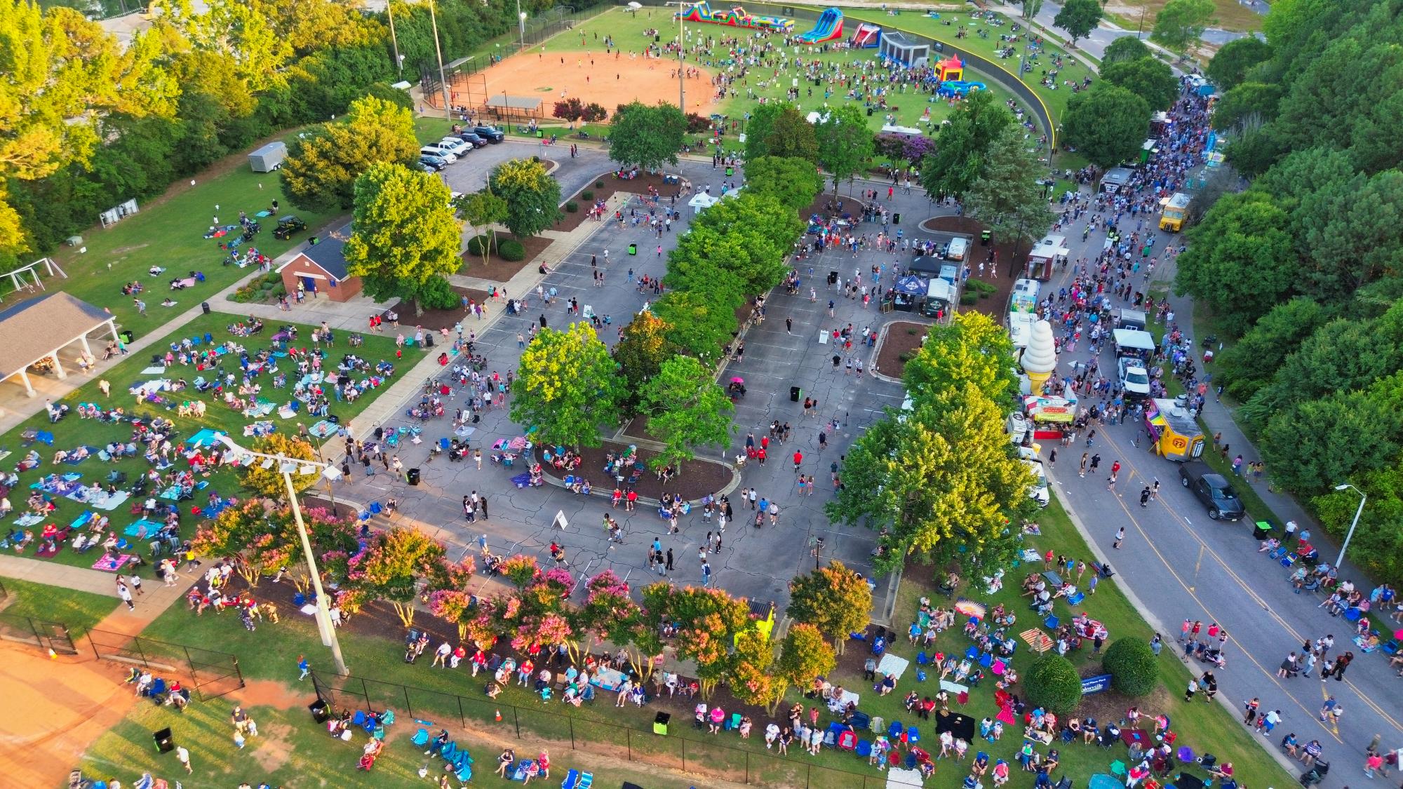 Aerial shot of Redford Place Park on July 4th